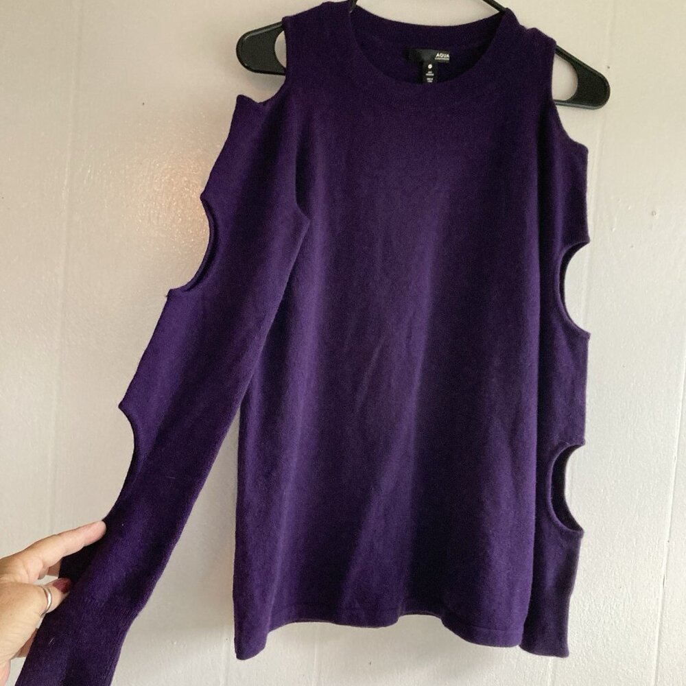 Cashmere Purple Soft Quiet Luxury Cozy Cold Shoulder Sweater Fall Trends  Sz XS